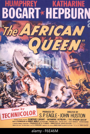 Datum der Freigabe: 20. Februar 1952. FILMTITEL: Die African Queen. STUDIO: Romulus Filme. PLOT: Zu Beginn des 1. Weltkrieges, Charlie Allnut seinen alten Dampfer, African Queen, nutzt, um Versorgungsmaterialien zu den Dörfern in Ostafrika Fähre. Stirbt der Reverend Samuel Sayer, Charlie verpflichtet sich der Sayers Schwester, Rose, zurück in die Zivilisation, unter den deutschen zur gleichen Zeit. Im Bild: HUMPHREY BOGART als Charlie Allnut und KATHARINE HEPBURN als Rose Sayer. Stockfoto