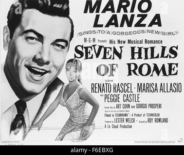Erscheinungsdatum: 30. Januar 1958. FILMTITEL: sieben Hügel von Rom. STUDIO: Tetanus. PLOT: Der amerikanische Sänger Marc Revere trifft auf einen Zug nach Rom, italienischen Raffaela. Er bemerkt, dass sie beabsichtigt, arbeiten und Leben bei ihrem Onkel. Wenn er ihr eine Fahrt gibt, stellt sich heraus, die sagte, dass Onkel nach Südamerika verschoben hat. Revere bietet also ihr zu ihm bei seinem Cousin, einem mittellosen Pianist. Im Bild: MARIO LANZA als Marc Revere, MARISA ALLASIO als Rafaella Marini und RENATO RASCEL als Pepe Bonelli. Stockfoto