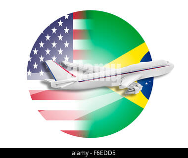 Flugzeug, Vereinigte Staaten von Amerika und Brasilien Fahnen. Stockfoto