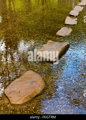 Trittsteine über einem ruhigen Fluss mit Bäumen im Wasser gespiegelt Stockfoto