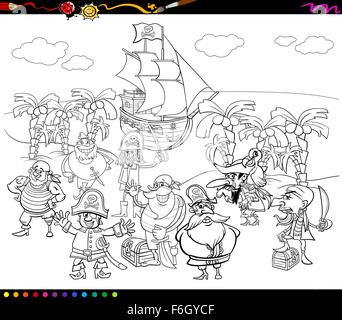 Schwarz / Weiß Cartoon Illustrationen von Piraten Fantasiefiguren auf der Schatzinsel für Malbuch Stock Vektor