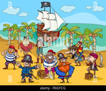 Cartoon Illustrationen von Piraten Fantasiefiguren auf Treasure Island Stock Vektor