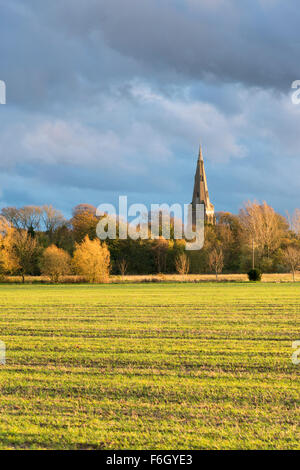 Cambridgeshire Fens, UK. 17. November 2015. Str. Marys Kirche in der Ortschaft über, sticht Cambridgeshire UK gegen dunkle Wolken als Sturm Barney den weiten Himmel über Cambridgeshire Fens füllt. Da das Wettersystem in angekommen begann East Anglia Wolken zogen schnell über den Himmel und der Wind Peitsche in die offene Landschaft.  Der Wind wird voraussichtlich an diesem Abend abholen und über Nacht, da der Sturm weiter ostwärts über das Vereinigte Königreich zu bewegen. Kredit Julian Eales/Alamy Live-Nachrichten Stockfoto