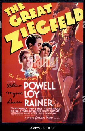 1936, Filmtitel: große ZIEGFELD, Regie: ROBERT Z LEONARD, Studio: MGM, abgebildet: PLAKATKUNST, 1936, AWARDS - Akademie, das beste Bild, ROBERT Z LEONARD, MYRNA LOY, OSCAR Plakate, WILLIAM POWELL, LUISE RAINER. (Bild Kredit: SNAP) Stockfoto