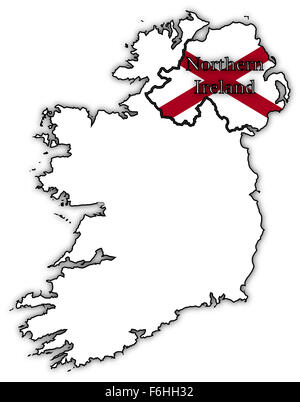 Nordirland-Flagge in Karte isoliert auf weißem Hintergrund Stockfoto
