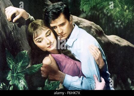 1959, Filmtitel: GREEN MANSIONS, Direktor: MEL FERRER, Studio: MGM, im Bild: Bäume, außerhalb, 1959, AUDREY HEPBURN, ANTHONY PERKINS, Romantik, Natur, zu umarmen. (Bild Kredit: SNAP) Stockfoto