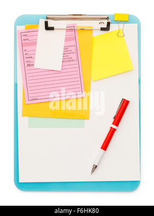 Zwischenablage und Notizen mit Stift, Isolated on White Background. Stockfoto