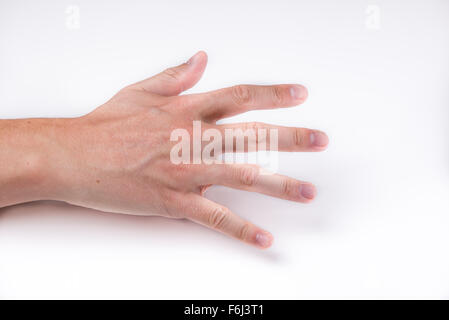 Eine Hand mit offenen Fingern greifen leere auf weißem Hintergrund Stockfoto