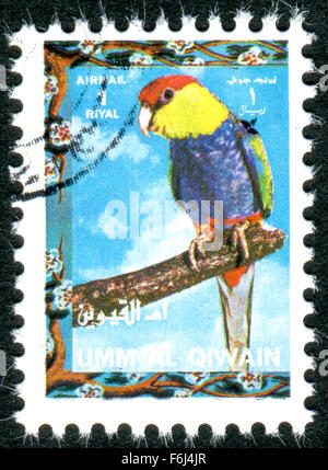 Briefmarke gedruckt Umm al-Quwain, Show Vogel rot-capped Papagei (Purpureicephalus Spurius) Stockfoto