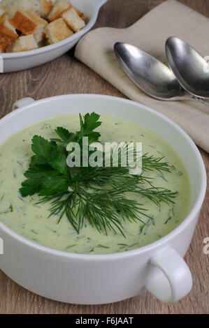 Eine Schüssel Suppe mit Dillsauce und Petersilie auf dem Tisch mit croutons Stockfoto