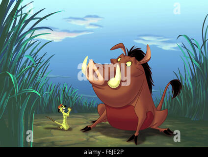 Datum der Freigabe: 10. Februar 2004. FILMTITEL: König der Löwen 1,5. STUDIO: Walt Disney Pictures. PLOT: Timon und Pumbaa beginnen, den Originalfilm von König der Löwen zu sehen, aber Timon hält um vorzuspulen, wenn sie hereinkommen, beharren, weil sie am Anfang der Geschichte oder überall bis zur Halbzeit gesehen waren nicht. Pumbaa schlägt erzählen dem Publikum ihre Geschichte, die beginnt, bevor Simbas Reise beginnt. Auf diese Weise wir treffen Timons Mutter und Onkel Max, entdecken Sie, warum verließ er seine Erdmännchen-Kolonie, wo er Hakuna Matata lernte, trifft wie er Pumbaa und die Gefahren, die sie antrafen, während searchin Stockfoto