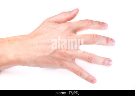 Eine Hand mit offenen Fingern greifen leere auf weißem Hintergrund Stockfoto