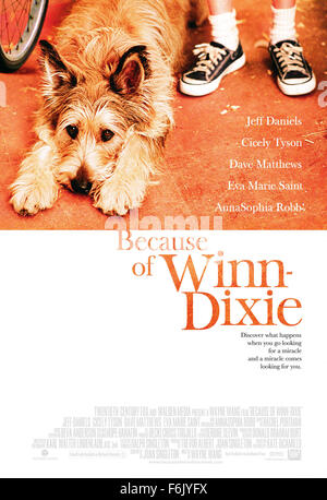 Datum der Freigabe: 18. Februar 2005.   FILMTITEL: Wegen Winn-Dixie.   STUDIO: 20th Century Fox.   PLOT: Ein 10-Jahr-altes Mädchen, von ihrer Mutter verlassen, als sie drei war bewegt sich in einer kleinen Stadt in Florida mit ihrem Vater, ein Prediger. Dort nimmt sie einen streunenden Hund wen nennt sie nach dem Supermarkt, wo er gefunden wurde. Mit ihrer goofy Hündchen an ihrer Seite sie trifft eine eklektische Gruppe von Bewohnern und entfacht eine fast verlorene Beziehung mit ihrem Vater. Regie: Wayne Wang.  Bild: Filmplakat.  (Bild Kredit: 20th Century Fox/Unterhaltung Bilder c) Stockfoto