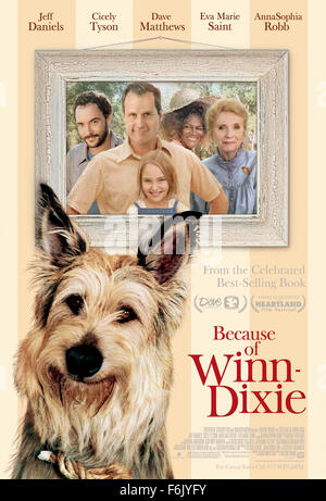 Datum der Freigabe: 18. Februar 2005 Film Titel: wegen der Winn-Dixie-STUDIO: 20. Jahrhundert-Fuchs-PLOT: ein 10-Jahr-altes Mädchen, von ihrer Mutter verlassen, als sie drei war bewegt sich auf einer kleinen Stadt in Florida mit ihrem Vater, ein Prediger. Dort nimmt sie einen streunenden Hund wen nennt sie nach dem Supermarkt, wo er gefunden wurde. Mit ihrer goofy Hündchen an ihrer Seite sie trifft eine eklektische Gruppe von Bewohnern und entfacht eine fast verlorene Beziehung mit ihrem Vater. Regie: Wayne Wang.   Im Bild: Filmplakat.   (Bild Kredit: 20th Century Fox/Unterhaltung Bilder c) Stockfoto