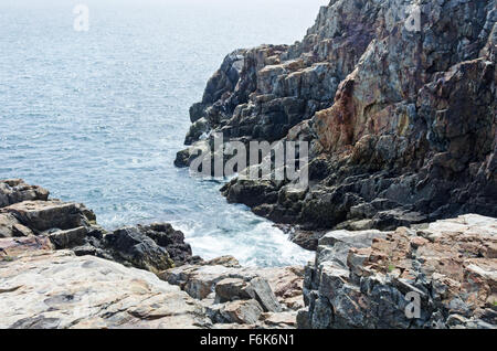 Klippen von Bar Harbor Bildung und Cadillac Mountain Granit treffen sich in der '' Zertrümmern 'Zone' auf Jäger Kopf, Acadia National Park. Stockfoto