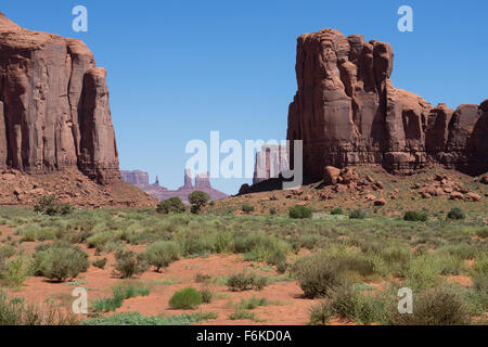 Vogel-Feder und Totempfahl Felsformationen im Monument Valley, Utah Stockfoto