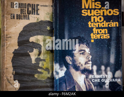 Antiquarische, gebrauchte Bücher über Ernesto Che Guevara und Fidel Castro auf dem Flohmarkt in den Straßen der Altstadt von Havanna, Held Stockfoto