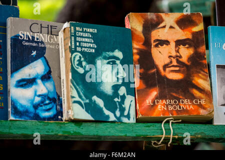 Antiquarische, gebrauchte Bücher über Ernesto Che Guevara und Fidel Castro auf dem Flohmarkt in den Straßen der Altstadt von Havanna, Held Stockfoto