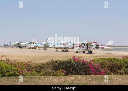 Ulendo Airlink Cessna 172 Leichtflugzeug geparkt aufgereiht am Kamazu International Airport, Malawi Stockfoto