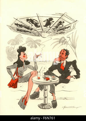 Deutschen satirischen Illustrationen 1950: ein Mann und eine Frau streiten in der Bar Stockfoto