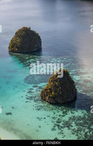 Kalksteininseln, umgeben von einem Korallenriff in einem abgelegenen Teil von Raja Ampat, Indonesien. Diese schöne Region bekannt als das he Stockfoto