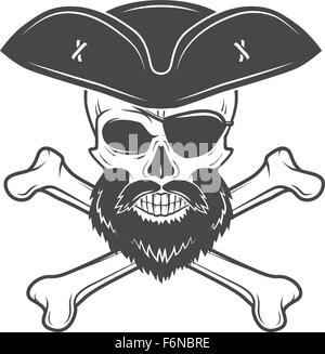 Piraten-Totenkopf in Dreispitz mit Bart, Augenklappe und gekreuzten Knochen Vektor. Edward Teach Porträt. Corsair-Logo-Vorlage. Filibuster t-Shirt-Insignia design Stock Vektor