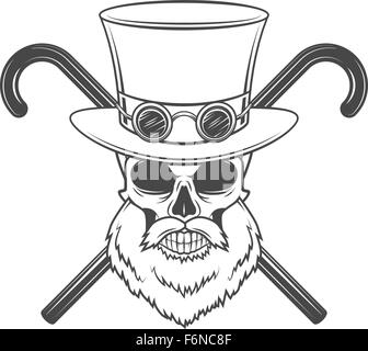 Alten bärtigen Steampunk Gentleman Schädel mit Brille und Zylinder Hut Stock Vektor