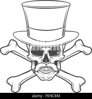 Outlaw Totenkopf mit gekreuzten Knochen Porträt, Schnurrbart und Hi-Hat. Gekreuzten Knochen Headhunter Logo Vorlage. Steampunk-Rover-T-shirt-Insignia-design Stock Vektor