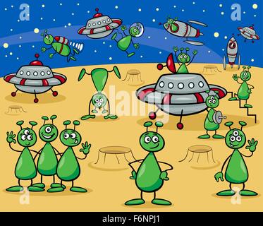 Cartoon Illustrationen von Fantasy Aliens oder Marsmenschen Characters Group mit Ufo Stock Vektor