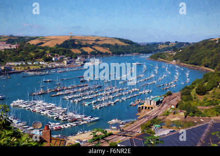 Dartmouth Devon England UK Boote und Yachten auf dem Fluss mit blauem Himmel im Sommer Abbildung wie Ölgemälde Stockfoto