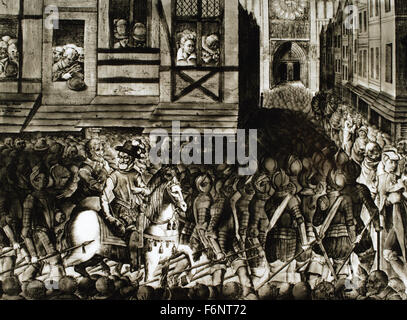 Eingang von Heinrich IV. von Frankreich (1553 – 1610) in Paris, 22 März 1594, mit 1,500 Kürassiere. Gravur. Stockfoto