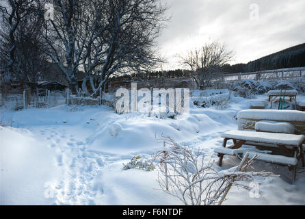 schweren Schnee bedeckt einen Garten in abgelegenen aberdeenshire Stockfoto