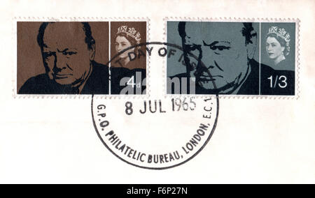 Philatelie, Vereinigtes Königreich, Sir Winston Churchill 1965 Sondermarken, London Philatelic Bureau Tag der Erstausgabe Frankierung Stockfoto