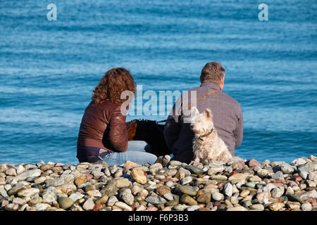 Mann und Frau mit Hunde sitzen auf Llandudno Strand, Conwy, Wales, UK Stockfoto