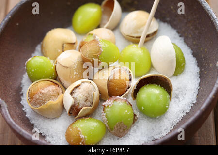 Salz geröstet Ginkgonüsse, japanisches Essen, Nahaufnahme Stockfoto