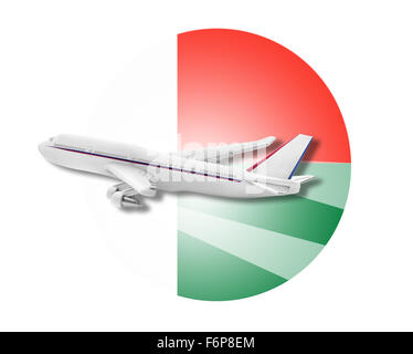 Flugzeug und Madagaskar Flagge. Stockfoto