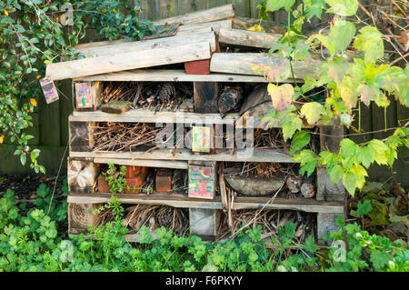 Ein Bug-Hotel für Insekten hergestellt aus alten Holzpaletten in eine wilde Ecke eines Gartens. Stockfoto