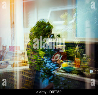 Gemischte Rassen Frau hinter Fenster Reflexionen Stockfoto