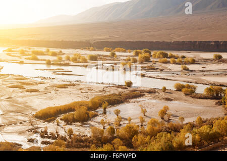 Indus Fluß im Sonnenaufgang Saison fällt, Leh, Ladakh, Jammu und Kaschmir, Indien Stockfoto