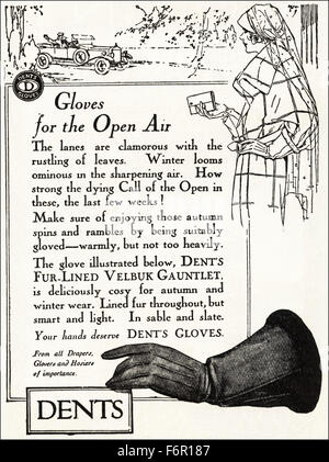 1920er Jahre Werbung. Anzeige datiert 1923 Werbung Dellen Handschuhe. Stockfoto