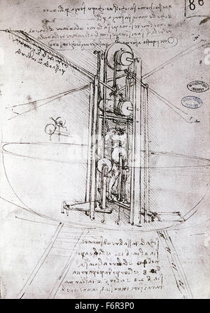 Leonardo da Vinci - Zeichnung einer Flugmaschine (Antrieb) Stockfoto