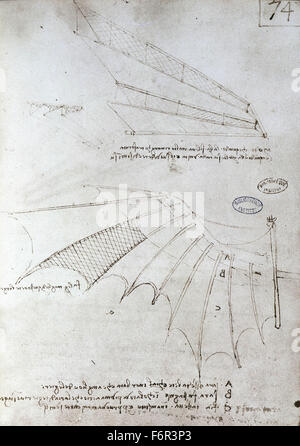 Leonardo da Vinci - Zeichnung einer Flugmaschine (Flügel) Stockfoto