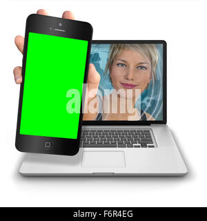 Junge Frau die Hand ausstrecken von innen einen Laptop, ein Mobiltelefon Iphone Stil mit Greenscreen für jede Eingabe zu zeigen Stockfoto