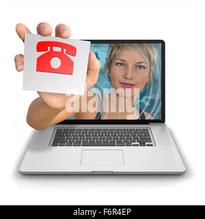 Junge Frau die Hand ausstrecken aus in einem Laptopcomputer hielt eine Karte mit einem Handy-Logo mit Platz für die Überlagerung von jedem Telefon Stockfoto