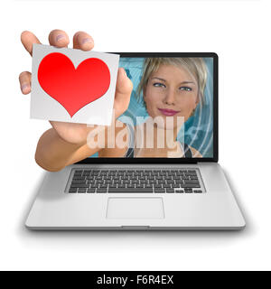 Junge Frau die Hand ausstrecken von innen einen Laptop-Computer hielt eine Karte mit einem roten Herz-Logo mit Platz für Text überlagern. Stockfoto