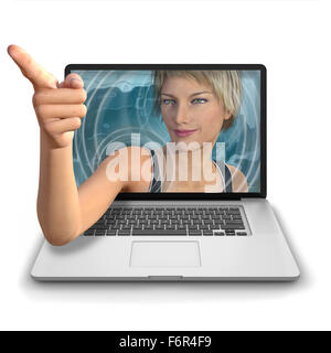 Junge Frau Hand erreichen Sie von innen einen Laptop-Computer und Punkte außerhalb des Bildes zu jedem Bereich der Wahl. Photoreal Stockfoto