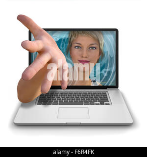 Junge Frau die Hand ausstrecken aus in einem Laptopcomputer mit einer ausgestreckten Hand Unterstützung oder Hilfe anbieten. Photorealisti Stockfoto