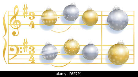 Stille Nacht Weihnachtslied Daube mit Christbaumkugeln anstelle von Noten. Abbildung auf weißem Hintergrund. Stockfoto