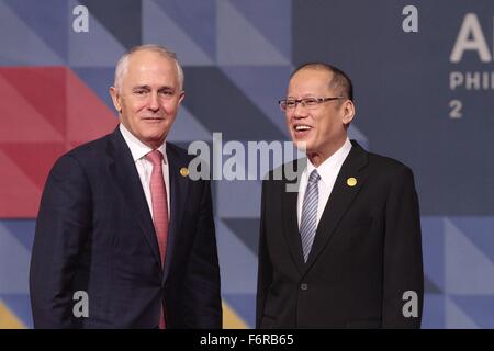 Manila, Philippinen. 19. November 2015. Australien-Premierminister Malcolm Turnbull mit philippinische Präsident Benigno Aquino III. während der APEC Leaders Summit im Philippine International Convention Center 19. November 2015 in Manila, Philippinen. Stockfoto