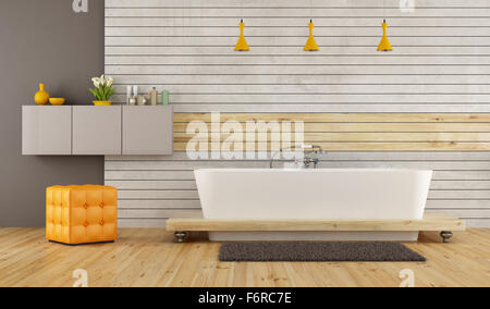 Moderne Badezimmer mit Badewanne vorne am Beton und Holz-Panel - 3D Rendering Stockfoto